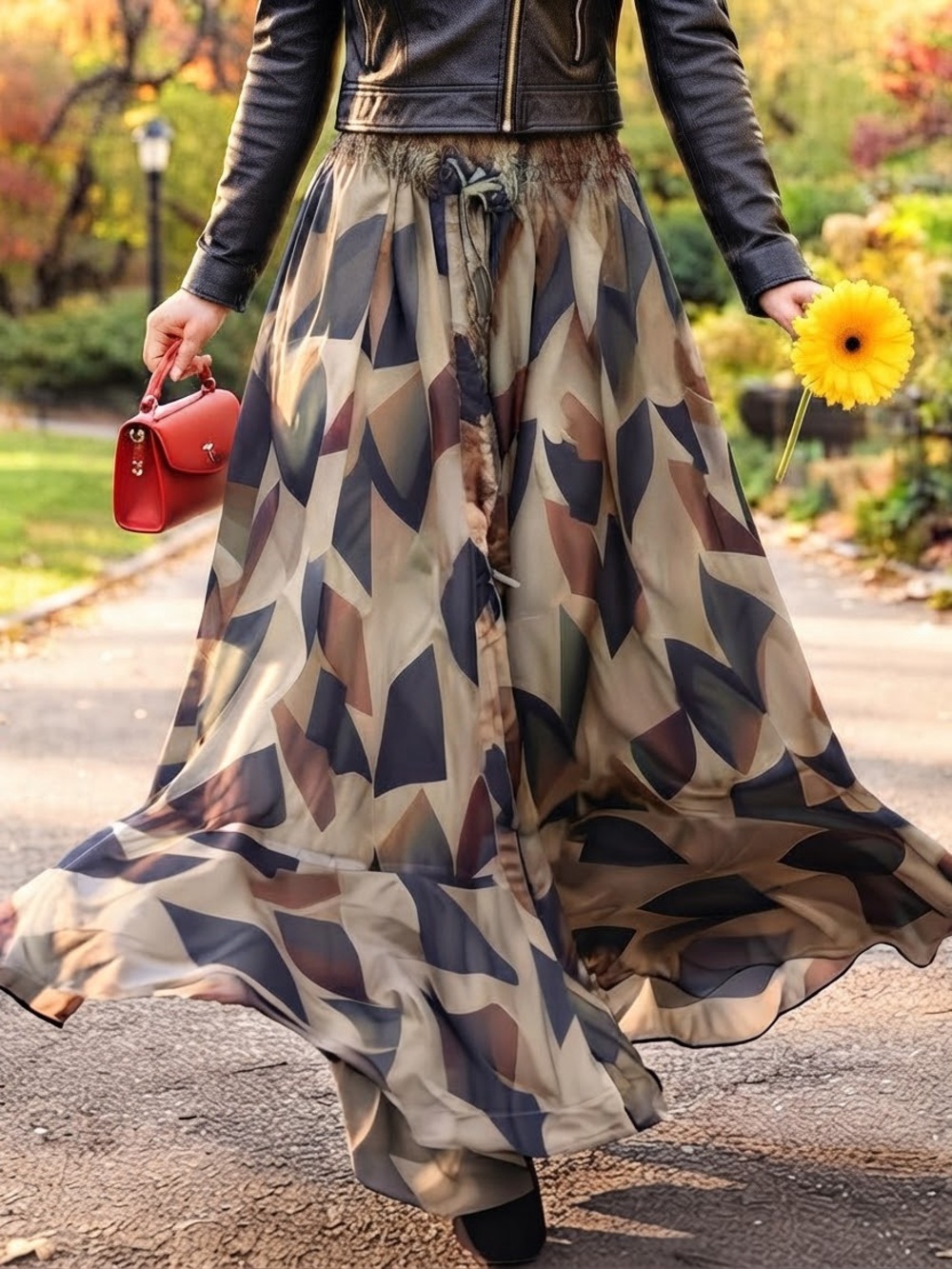 Promesa Geometric Print Maxi Skirt Smocked Waist Button Front Boho Neutral M